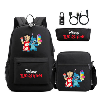 Interstellar Baby Stitch Usb Password Lock Youth Student Backpack 3-piece Set For Men And Women Backpacks