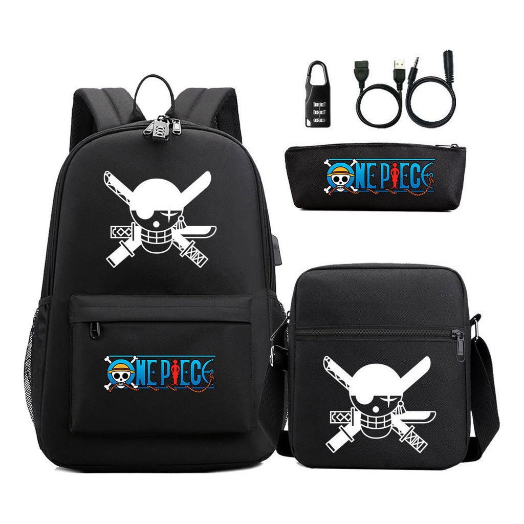 Cartoon Pirate King Usb Password Lock Youth Student School Bag Three Piece Set For Boys And Girls Backpack Set