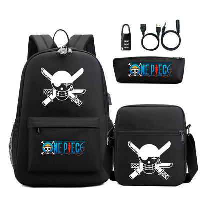 Cartoon Pirate King Usb Password Lock Youth Student School Bag Three Piece Set For Boys And Girls Backpack Set