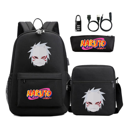 Naruto Usb Password Lock Youth Student Backpack Three Piece Set For Men And Women Backpacks