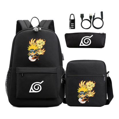 Fashionable Naruto Usb Password Lock Youth Student School Bag Three Piece Backpack Set
