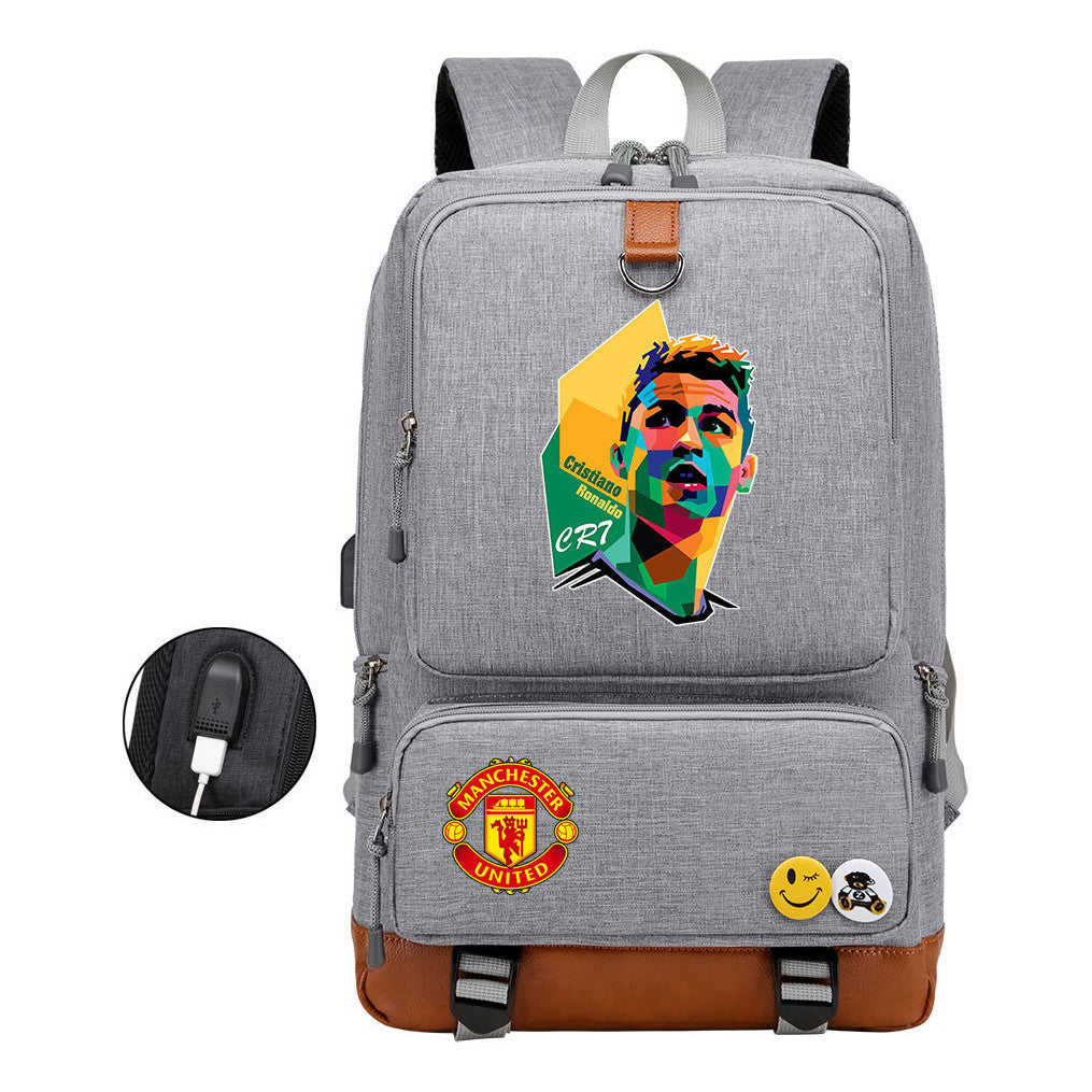 Football Star Cristiano Ronaldo Printed Usb Youth Student Backpack For Boys And Girls Leisure Travel Backpack