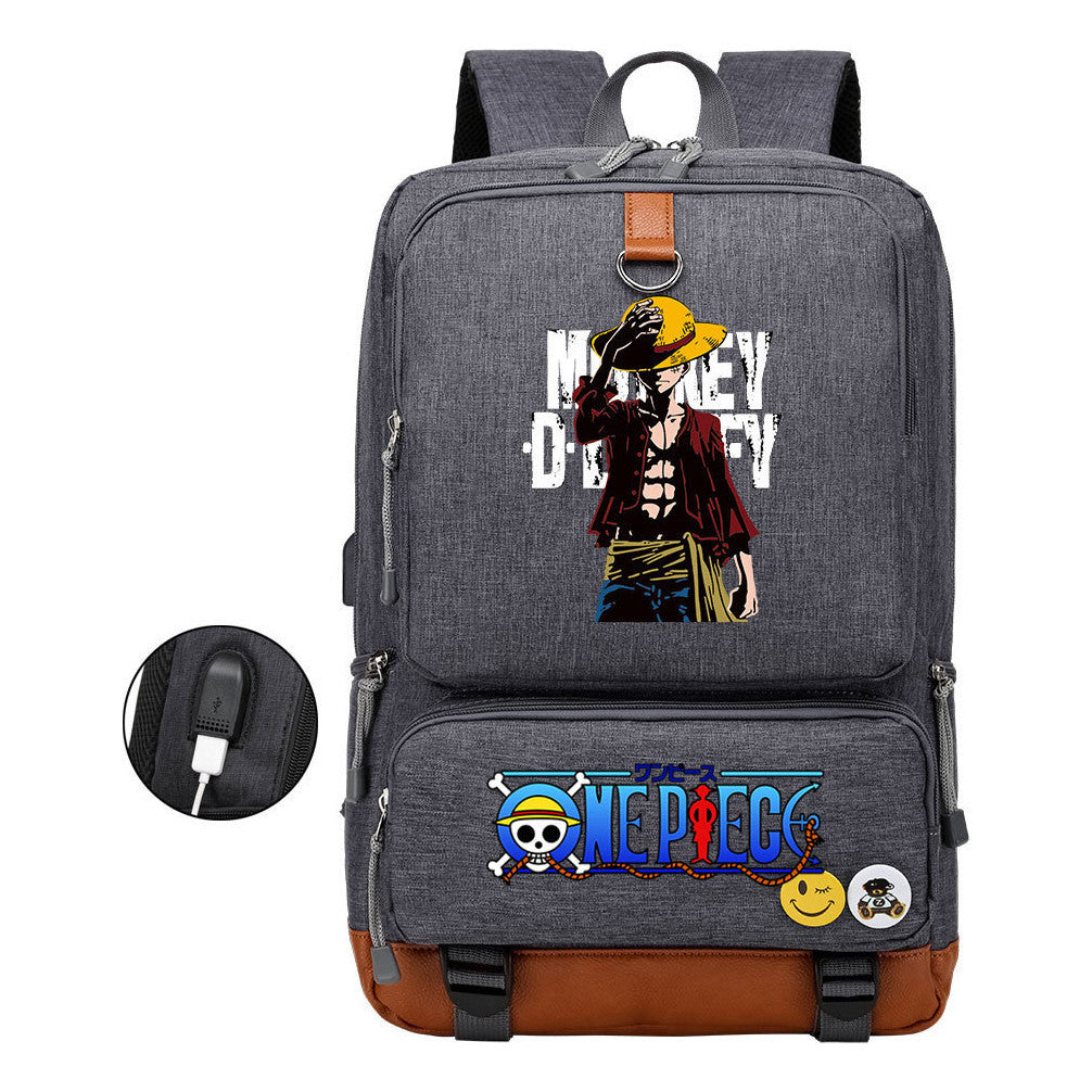 Cartoon Pirate King Print Usb Youth Backpack For Boys And Girls Leisure Travel Backpack