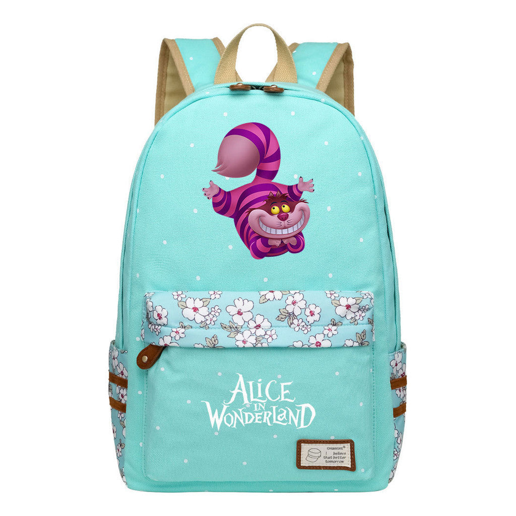 Anime Cartoon Cheshire Cat Print Student Backpack, Floral Casual Backpack