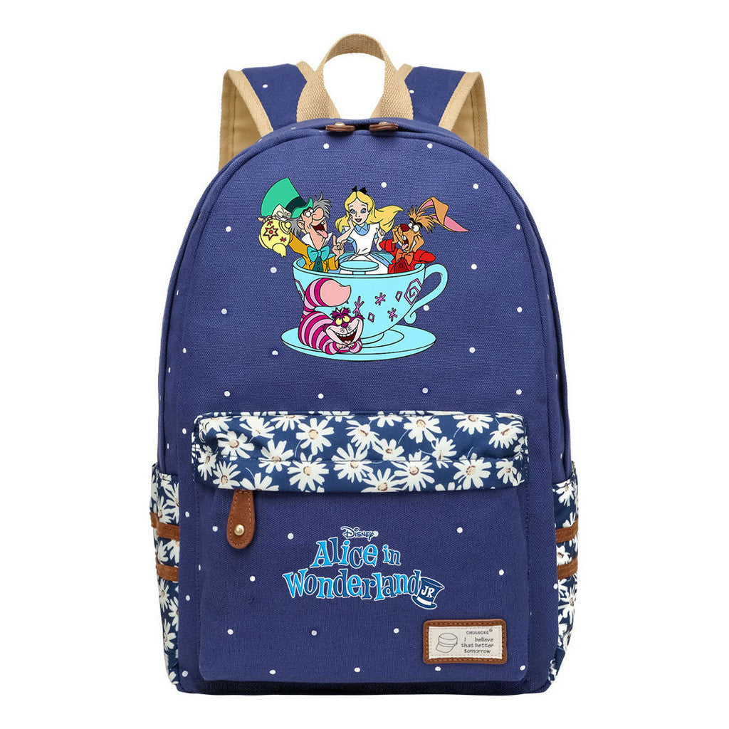 Anime Cartoon Cheshire Cat Print Youth Student Backpack With Floral Casual Backpack