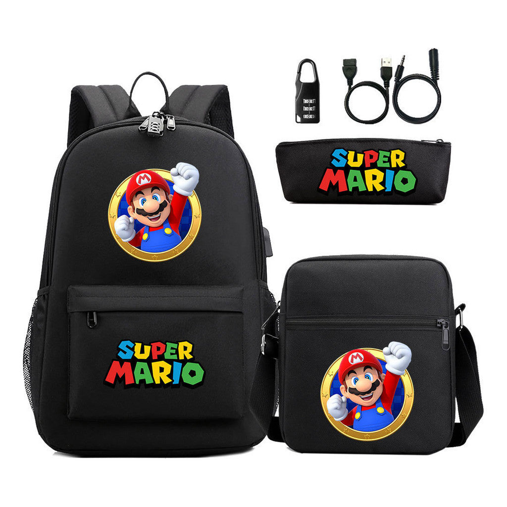 Super Mario Usb Password Lock Youth Student Backpack 3-piece Set For Men And Women Backpacks