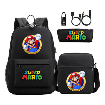 Super Mario Usb Password Lock Youth Student Backpack 3-piece Set For Men And Women Backpacks