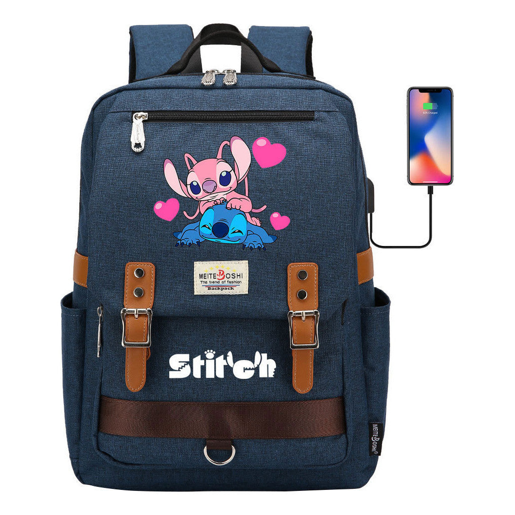 Anime Star Baby Stitch Printed Student Backpack For Men And Women With Casual Magnetic Buckle Backpack