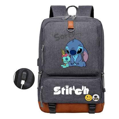 Anime Star Baby Stitch Printed Usb Youth Student Backpack For Men And Women's Leisure Travel Backpack
