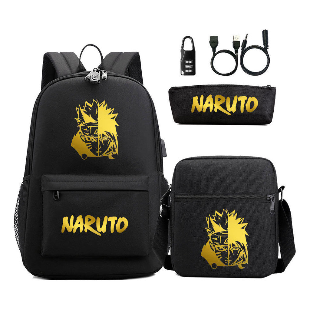 Golden Naruto Usb Password Lock Teenage Student School Bag Three Piece Backpack Set