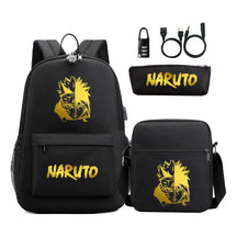 Golden Naruto Usb Password Lock Teenage Student School Bag Three Piece Backpack Set