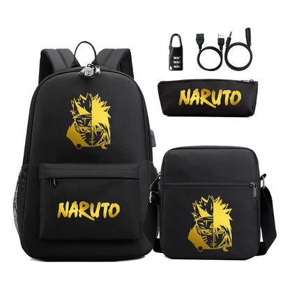 Golden Naruto Usb Password Lock Teenage Student School Bag Three Piece Backpack Set