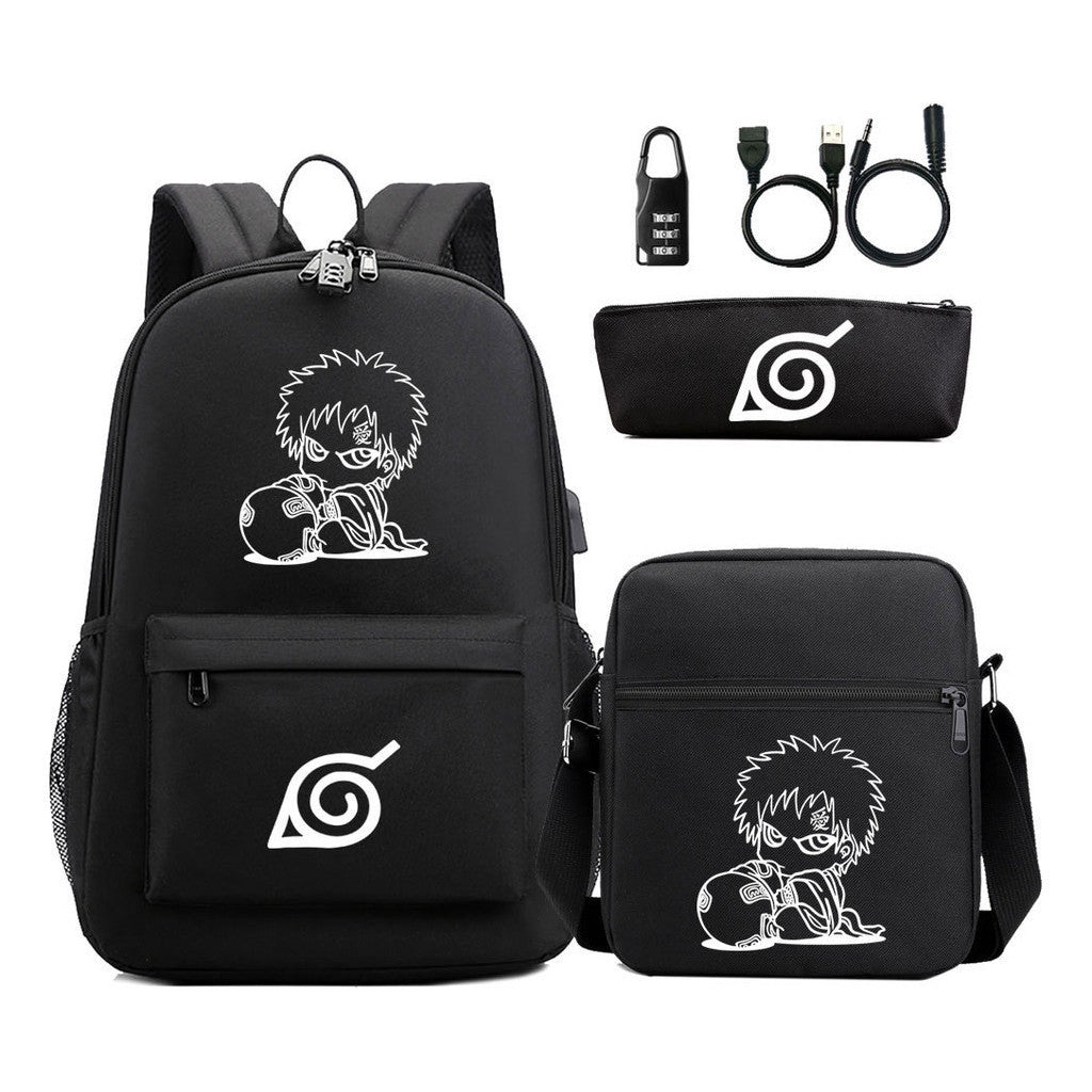 Fashionable Naruto Usb Password Lock Youth Student School Bag Three Piece Backpack Set