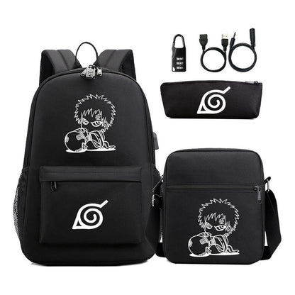 Fashionable Naruto Usb Password Lock Youth Student School Bag Three Piece Backpack Set