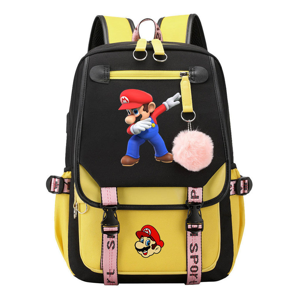 Super Mario Printed Usb Backpack Casual Woven Strap Flip Back Backpack