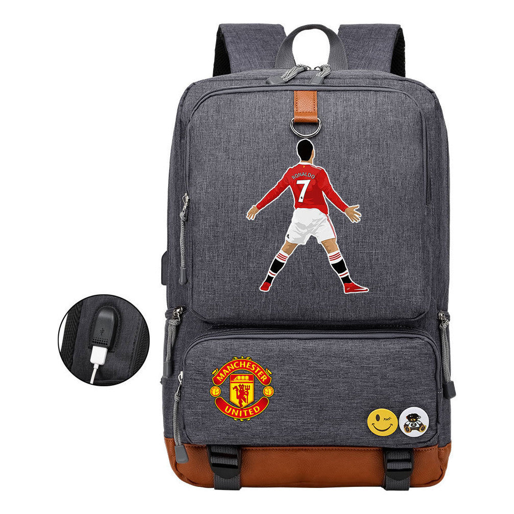 Football Star Cristiano Ronaldo Printed Usb Student Backpack For Leisure Travel Backpack