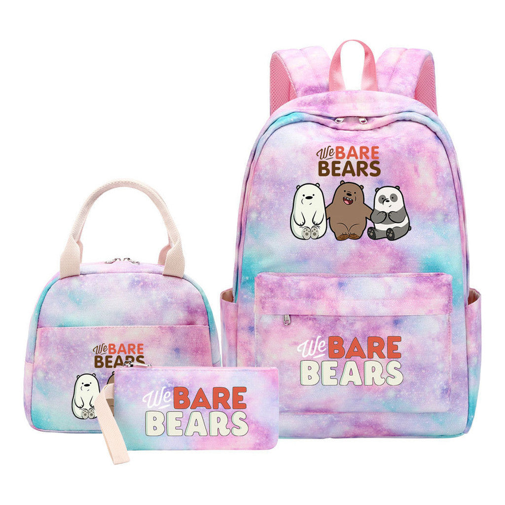 Cartoon Cute Three Bears Youth Student Girls School Bag Lunch Bag Three Piece Set Backpack Set