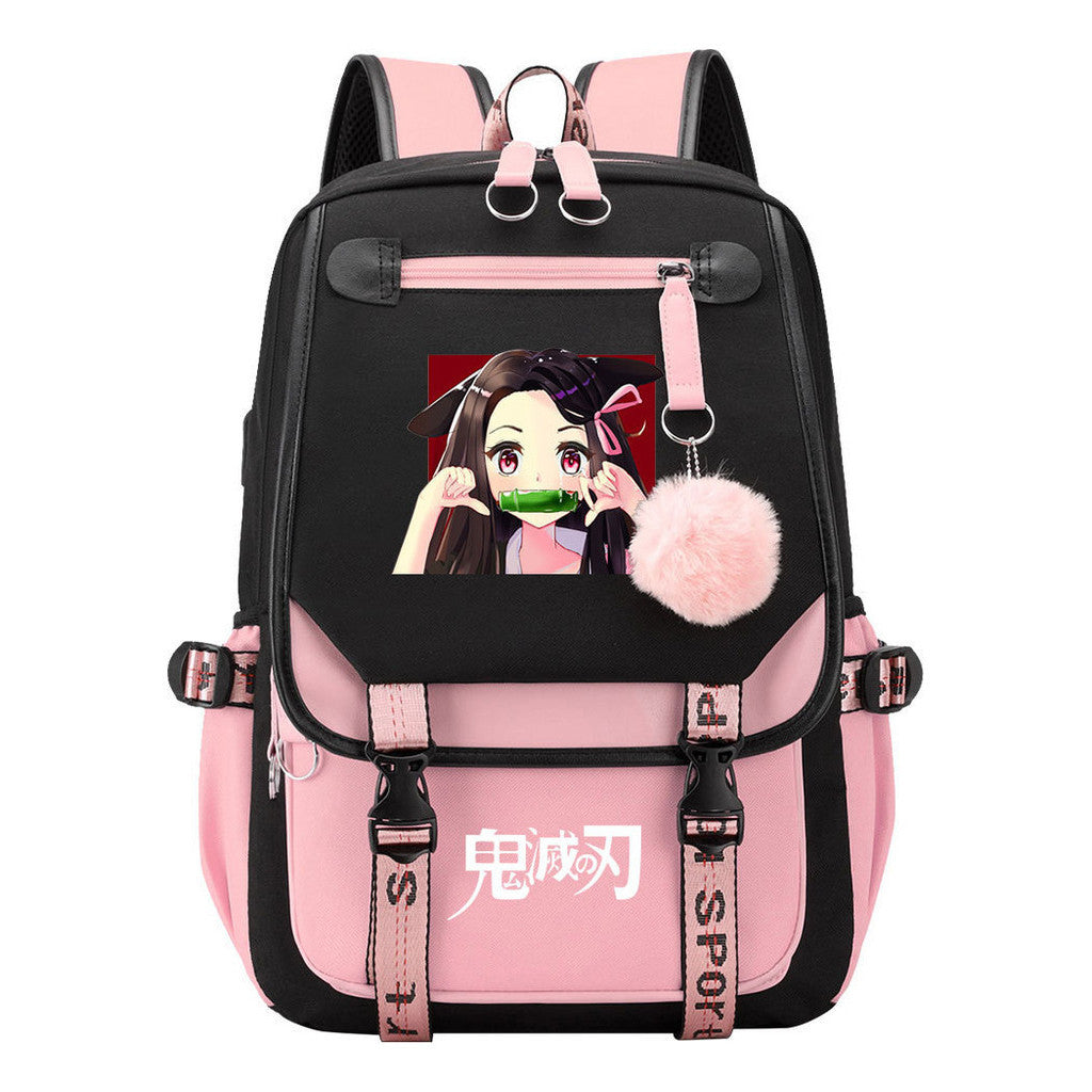 Cartoon Fashion Usb Youth Student Backpack Boy's And Girl's Leisure Ribbon Flip Backpack