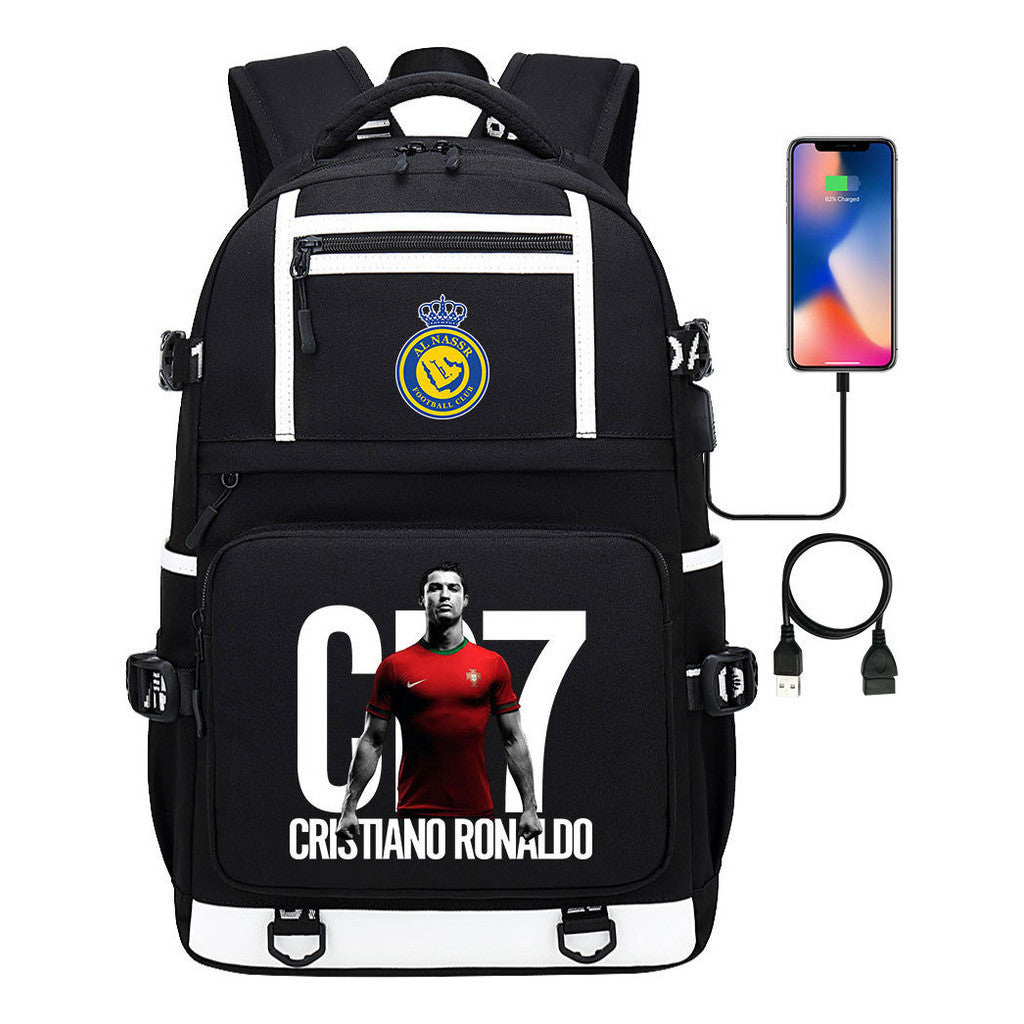 Football Star Cristiano Ronaldo Printed Usb Youth Student Backpack For Men And Women, Backpack For Leisure Travel