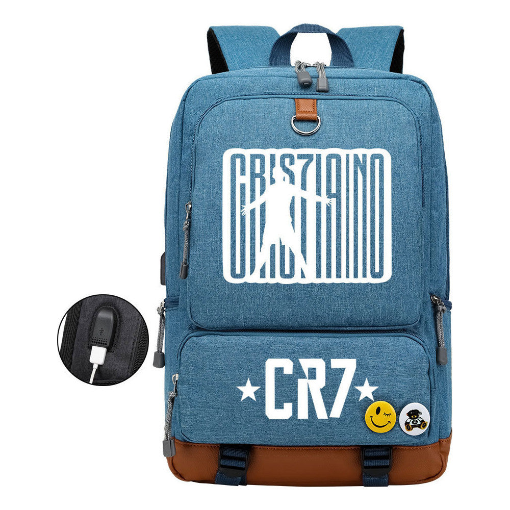 Football Star Cristiano Ronaldo Printed Usb Student Backpack For Boys And Girls Leisure Travel Backpack