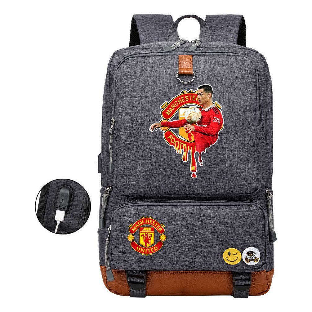 Football Star Cristiano Ronaldo Printed Usb Youth Student Backpack For Leisure Travel Backpack