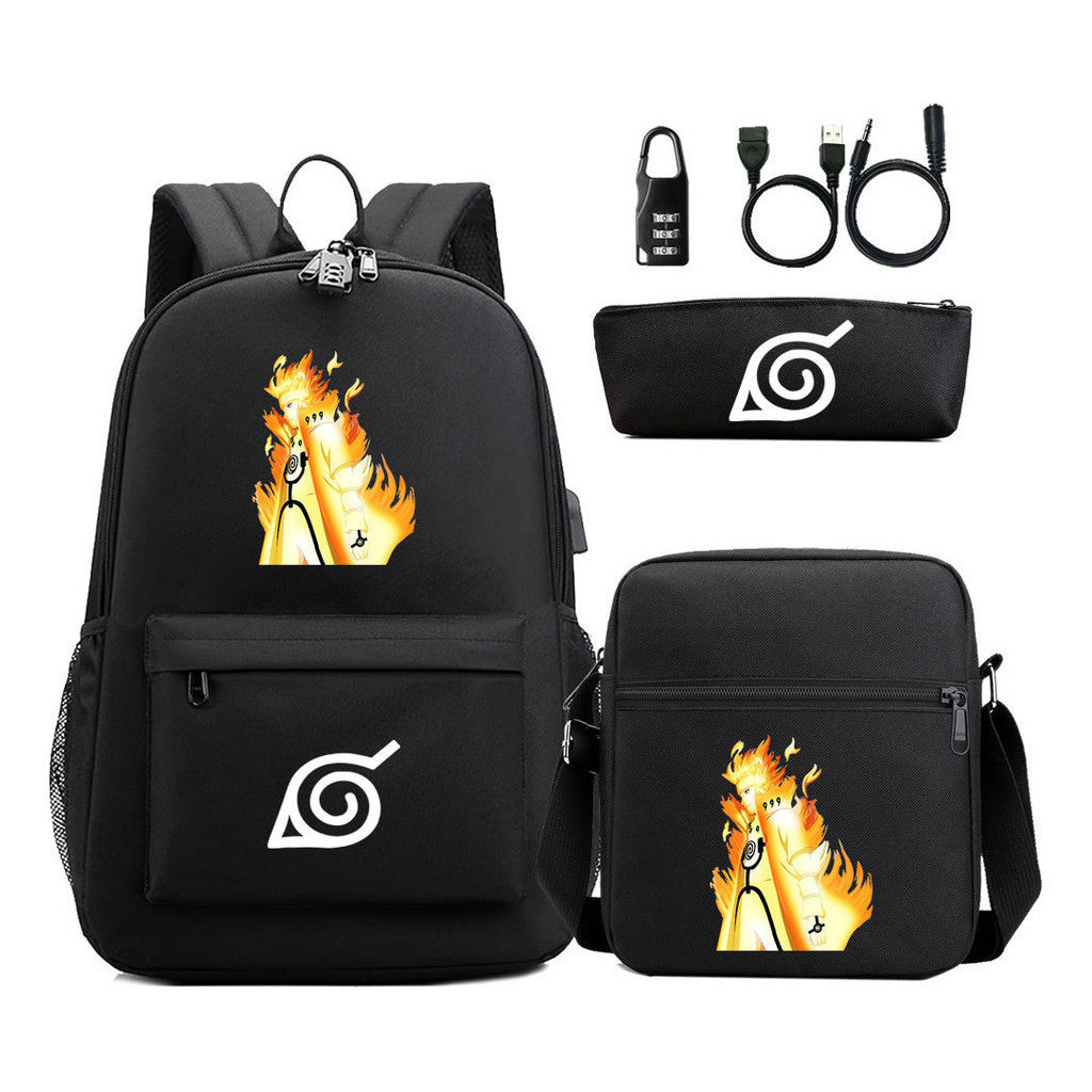 Fashionable Naruto Usb Password Lock Youth Student School Bag Three Piece Backpack Set