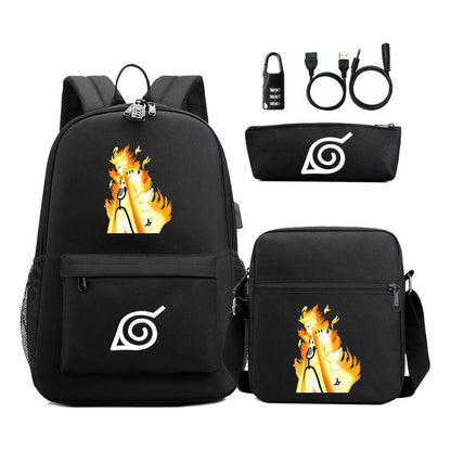 Fashionable Naruto Usb Password Lock Youth Student School Bag Three Piece Backpack Set