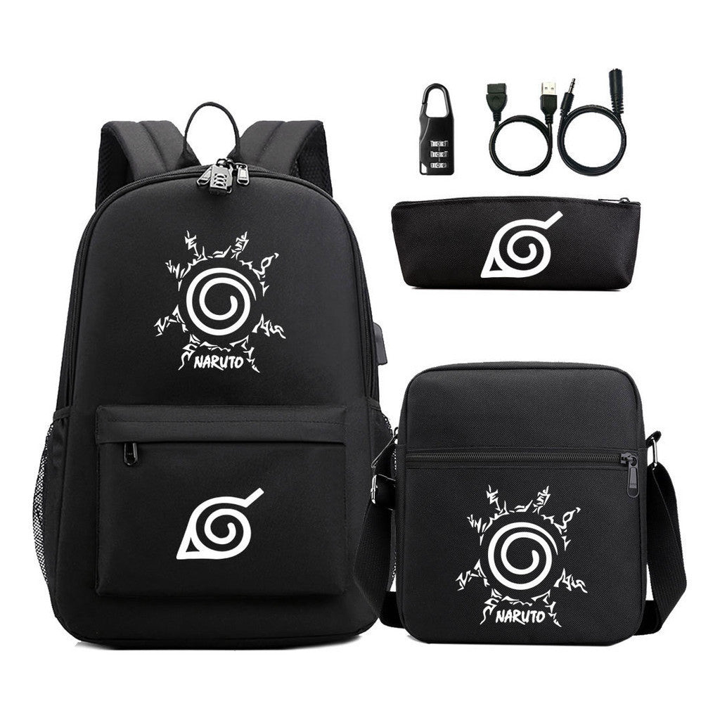 Fashionable Naruto Usb Password Lock Youth Student School Bag Three Piece Backpack Set