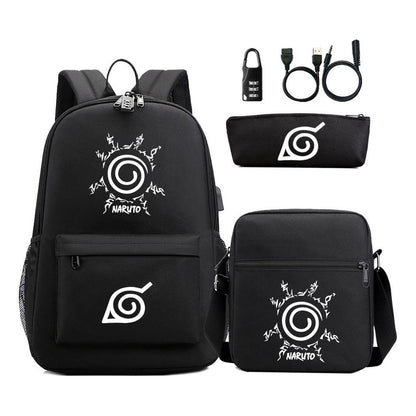 Fashionable Naruto Usb Password Lock Youth Student School Bag Three Piece Backpack Set