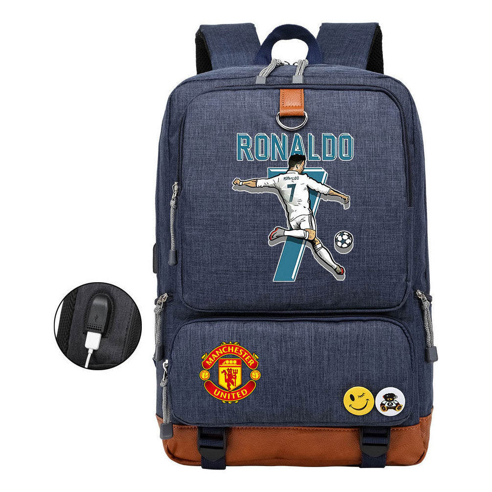 Football Star Cristiano Ronaldo Printed Usb Student Backpack For Leisure Travel Backpack
