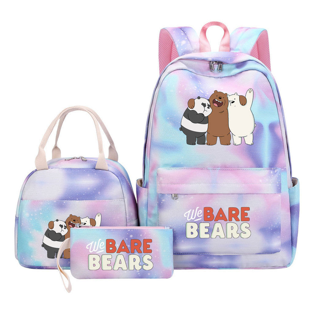 Cartoon Cute Three Bears Youth Student Girls School Bag Lunch Bag Three Piece Set Backpack Set