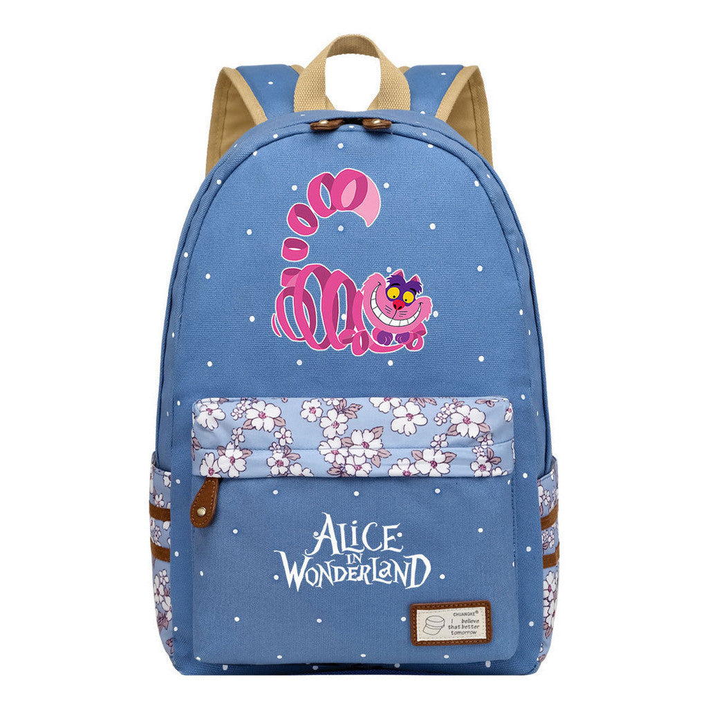 Anime Cartoon Cheshire Cat Print Student Backpack, Floral Casual Backpack