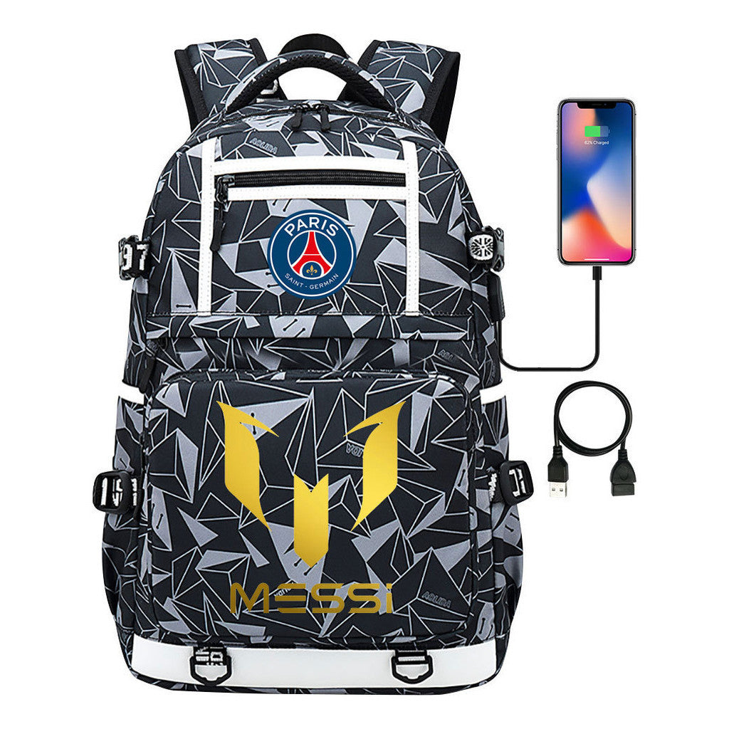 Gold Sports Football Star Printed Usb Youth School Bag Backpack Leisure Travel Backpack