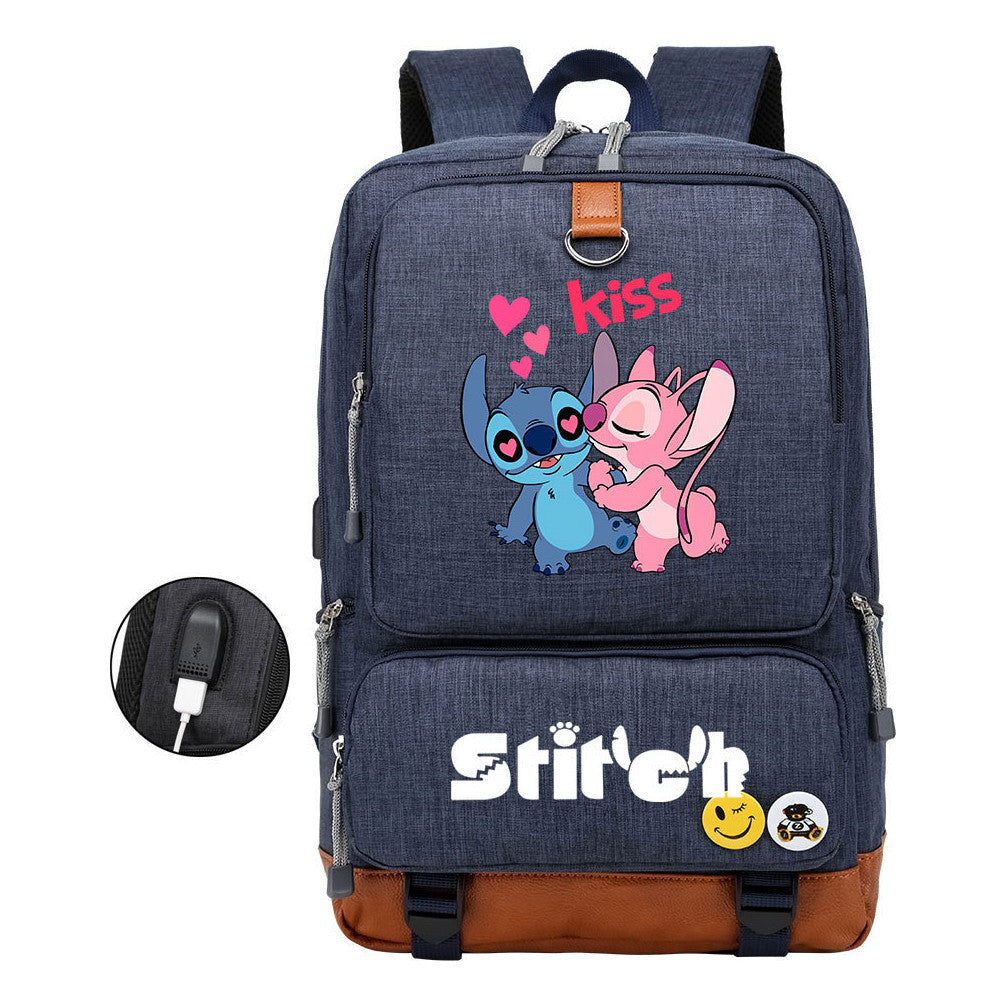 Anime Star Baby Stitch Printed Usb Youth Student Backpack For Men And Women's Leisure Travel Backpack