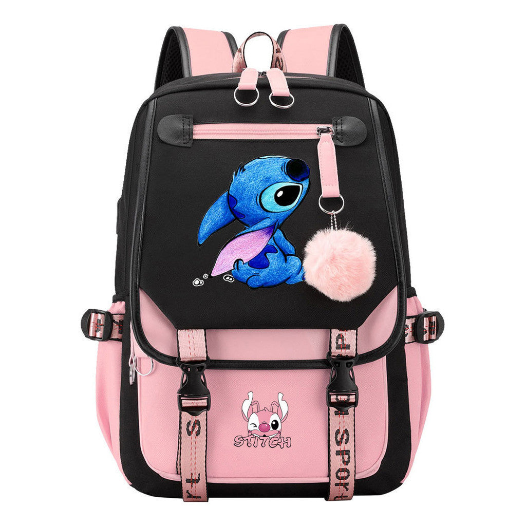 Interstellar Baby Stitch Usb Backpack For Men And Women, Casual Woven Strap Flip Back Backpack