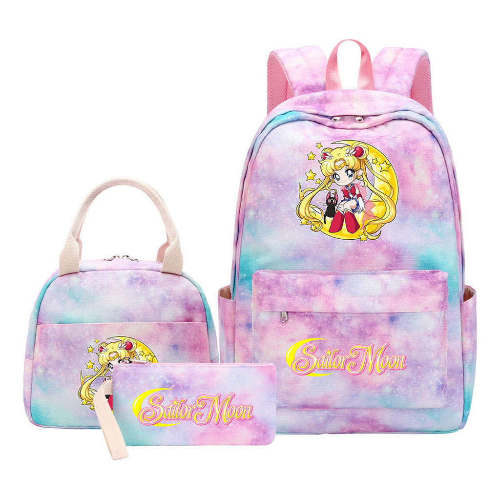 Beautiful Girl Warrior Student Schoolbag Lunch Bag Three Piece Set Backpack Cover