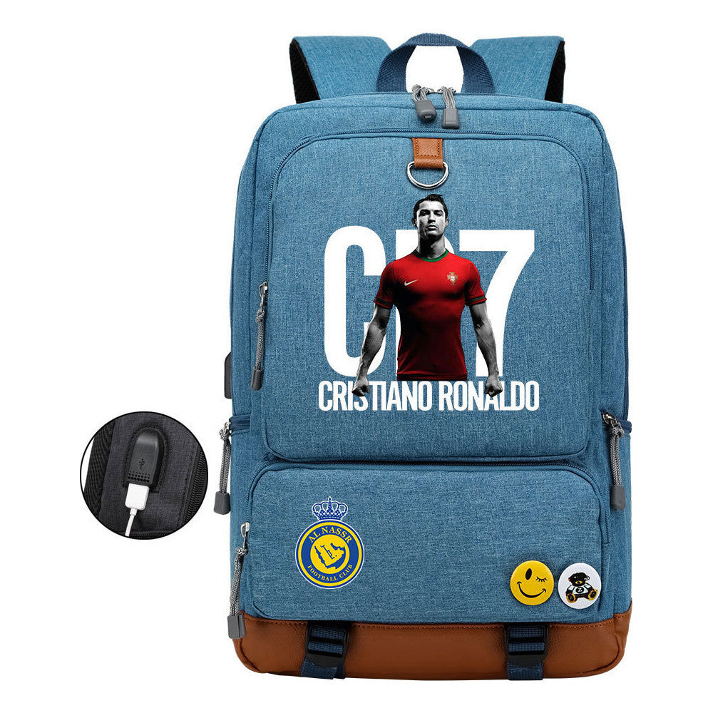 Football Star Cristiano Ronaldo Printed Usb Youth Student Backpack For Leisure Travel Backpack