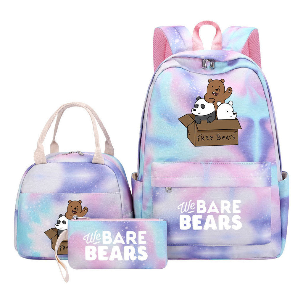 Cartoon Cute Three Bears Youth Student Girls School Bag Lunch Bag Three Piece Set Backpack Set