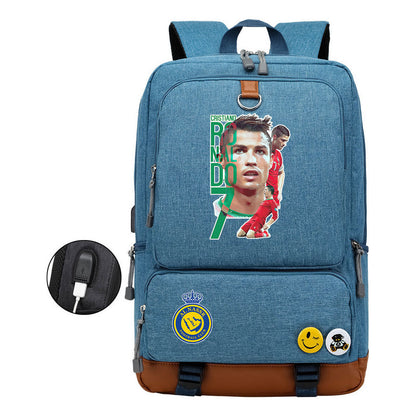 Football Star Cristiano Ronaldo Printed Usb Student Backpack Leisure Travel Backpack