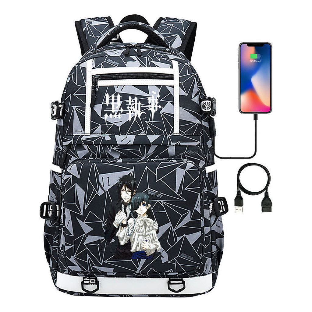 Manga Black Deacon Black Butler Printed Usb Youth Student Backpack Men's And Women's Leisure Travel Backpack