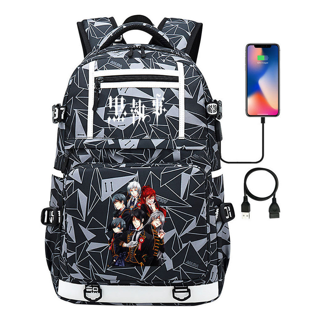 Manga Black Deacon Black Butler Printed Usb Youth Student Backpack Men's And Women's Leisure Travel Backpack