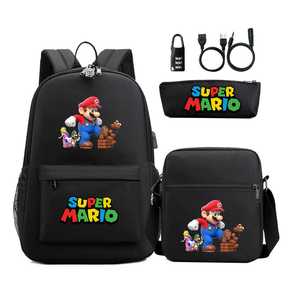 Super Mario Usb Password Lock Youth Student Backpack 3-piece Set For Men And Women Backpacks