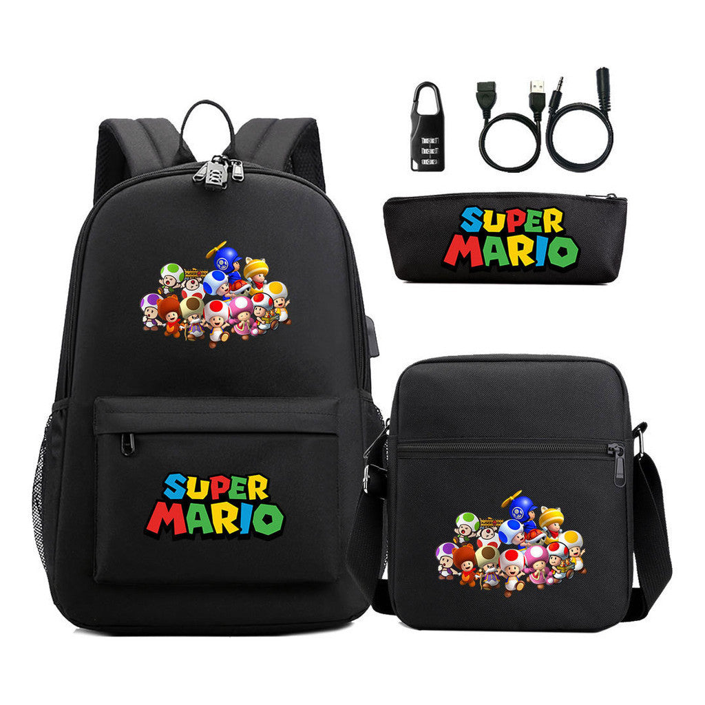 Super Mario Usb Password Lock Youth Student Backpack 3-piece Set For Men And Women Backpacks