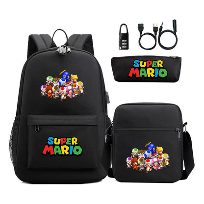 Super Mario Usb Password Lock Youth Student Backpack 3-piece Set For Men And Women Backpacks