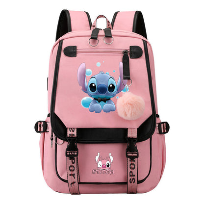 Interstellar Baby Stitch Usb Student Backpack For Boys And Girls, Casual Woven Strap Flip Back Backpack