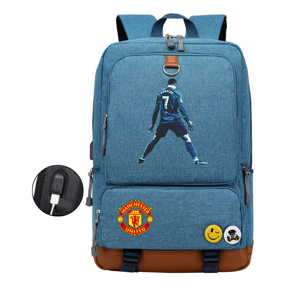Football Star Cristiano Ronaldo Printed Usb Youth Student Backpack For Leisure Travel Backpack
