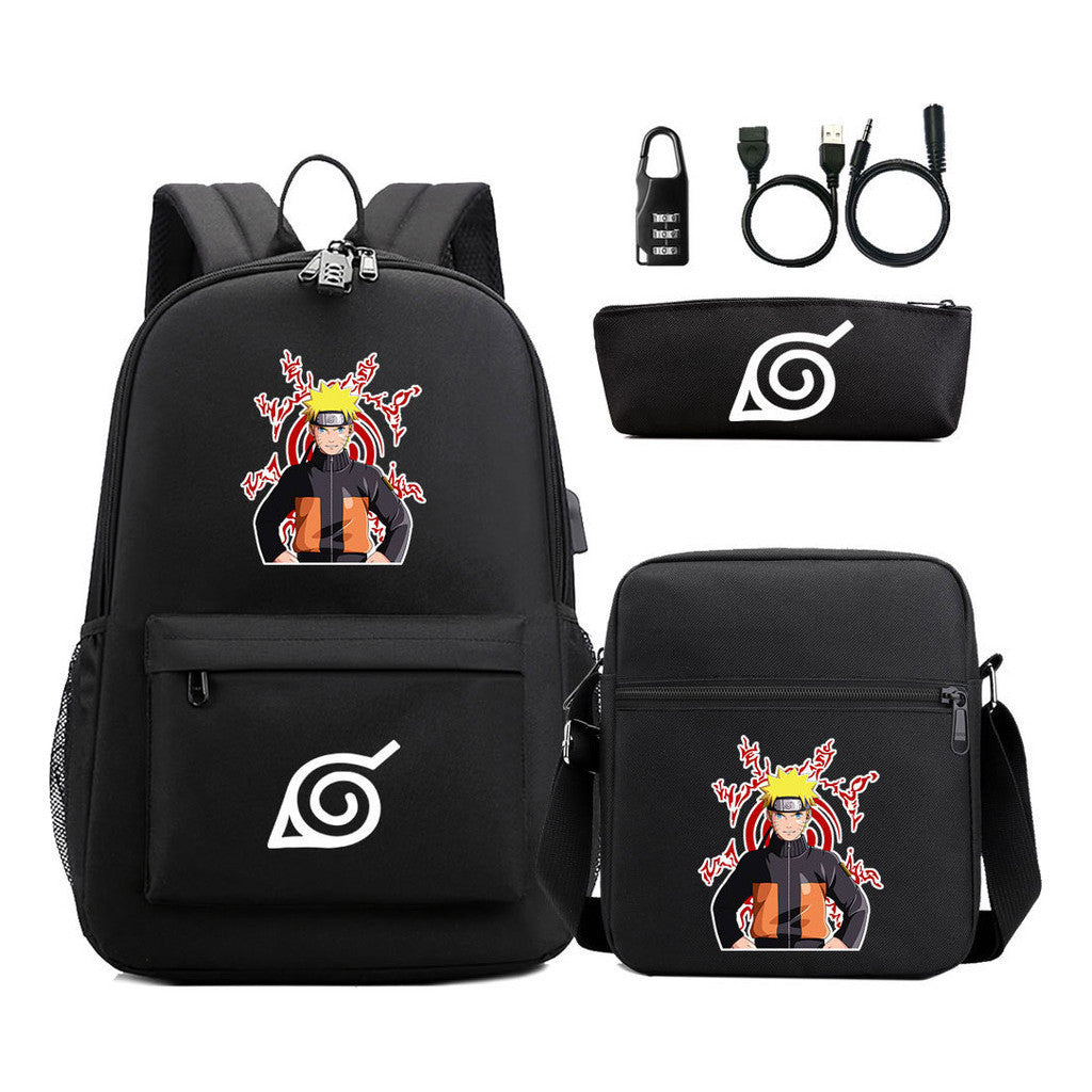 Naruto Usb Password Lock Backpack Three Piece Set For Men And Women Backpack Set