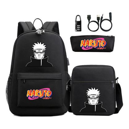 Naruto Usb Password Lock Youth Student Backpack Three Piece Set For Men And Women Backpacks