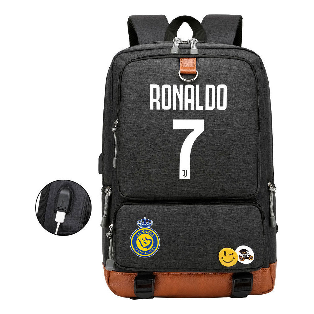 Football Star Cristiano Ronaldo Printed Usb Student Backpack Leisure Travel Backpack