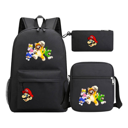 Super Mario Printed Student Backpack Three Piece Set For Men And Women's Backpack Set